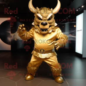 Gold Minotaur mascot costume character dressed with a Hoodie and Belts