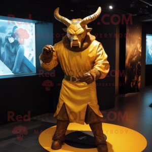 Gold Minotaur mascot costume character dressed with a Hoodie and Belts