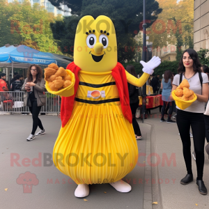 Yellow French Fries mascot costume character dressed with a Ball Gown and Ties