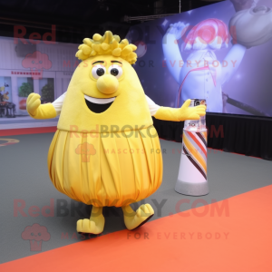 Yellow French Fries mascot costume character dressed with a Ball Gown and Ties