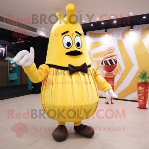 Yellow French Fries mascot costume character dressed with a Ball Gown and Ties