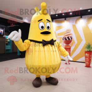 Yellow French Fries mascot costume character dressed with a Ball Gown and Ties