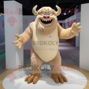 Beige Demon mascot costume character dressed with a Polo Tee and Foot pads