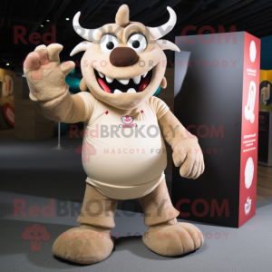 Beige Demon mascot costume character dressed with a Polo Tee and Foot pads