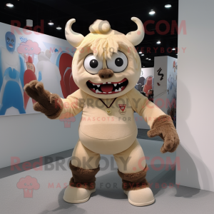 Beige Demon mascot costume character dressed with a Polo Tee and Foot pads