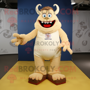 Beige Demon mascot costume character dressed with a Polo Tee and Foot pads