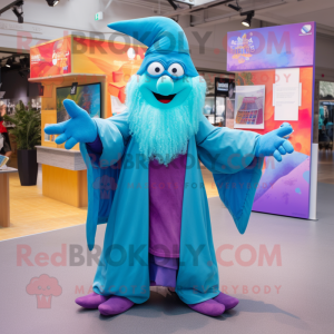 Turquoise Wizard mascot costume character dressed with a Dungarees and Gloves