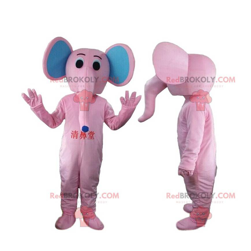Roze en blauwe olifant mascotte, dikhuidige kostuum -