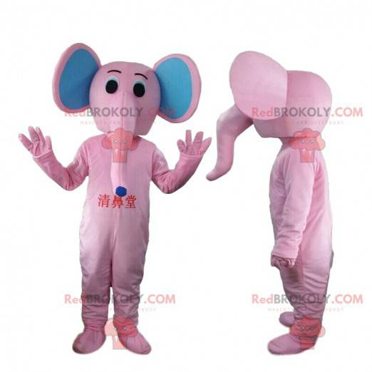 Mascote elefante rosa e azul, fantasia de paquiderme -