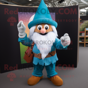 Turquoise Wizard mascot costume character dressed with a Dungarees and Gloves