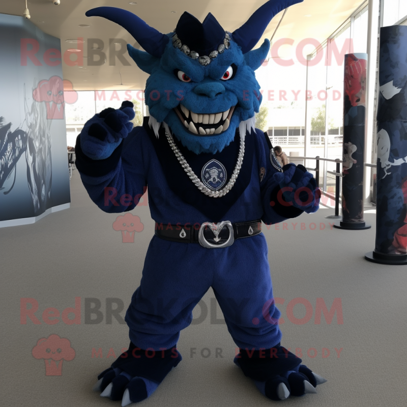 Navy Demon mascot costume character dressed with a Dress Pants and Bracelets Navy Demon mascot costume character dressed with a Dress Pants and Bracelets