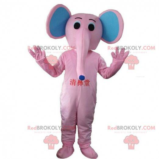 Mascote elefante rosa e azul, fantasia de paquiderme -