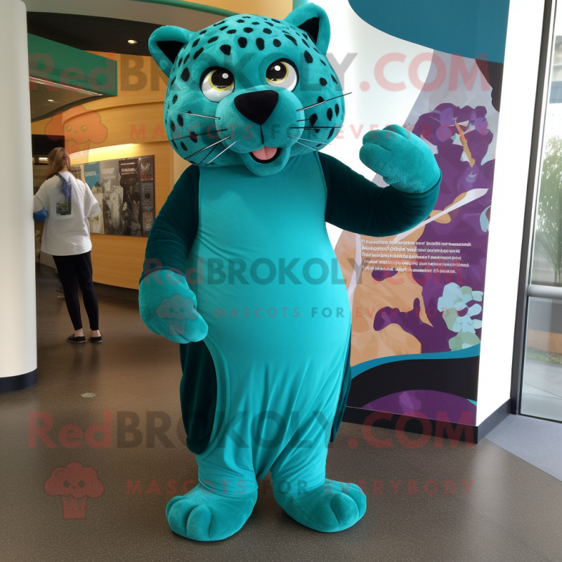 Teal Jaguar mascot costume character dressed with a Dress and Wraps