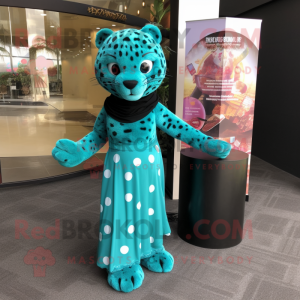 Teal Jaguar mascot costume character dressed with a Dress and Wraps