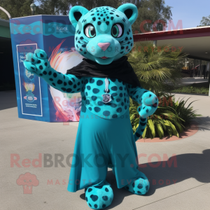 Teal Jaguar mascot costume character dressed with a Dress and Wraps