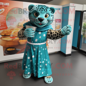 Teal Jaguar mascot costume character dressed with a Dress and Wraps