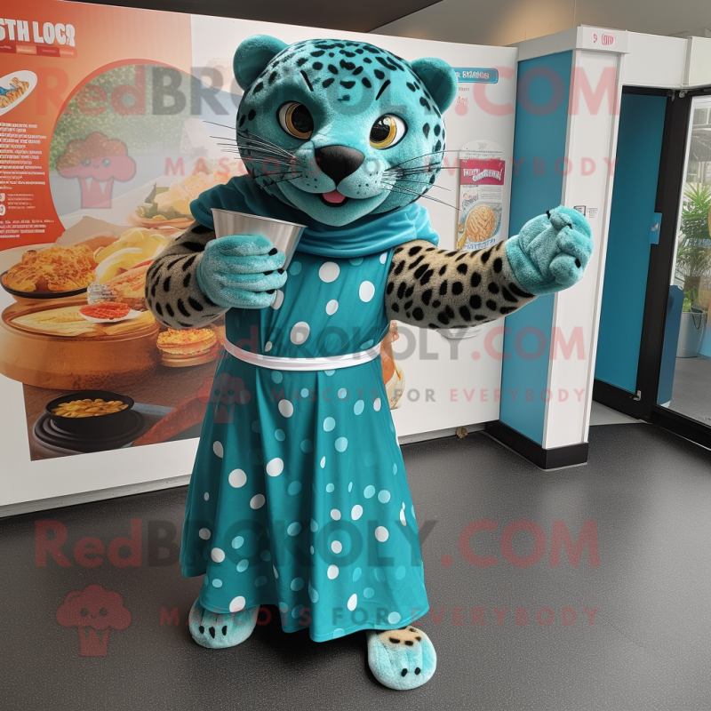 Teal Jaguar mascot costume character dressed with a Dress and Wraps Teal Jaguar mascot costume character dressed with a Dress and Wraps