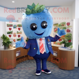 Blue Strawberry mascot costume character dressed with a Coat and Tie pins