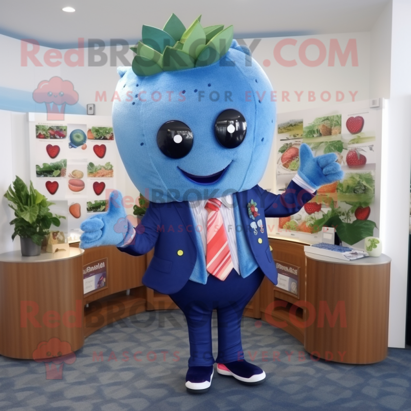 Blue Strawberry mascot costume character dressed with a Coat and Tie pins Blue Strawberry mascot costume character dressed with a Coat and Tie pins