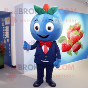 Blue Strawberry mascot costume character dressed with a Coat and Tie pins