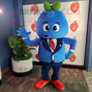Blue Strawberry mascot costume character dressed with a Coat and Tie pins