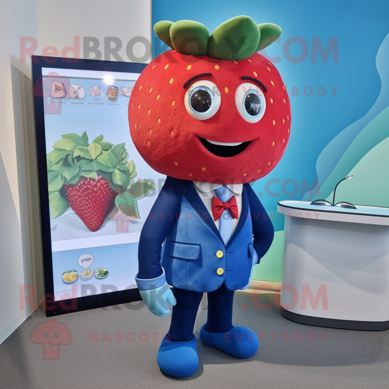 Blue Strawberry mascot costume character dressed with a Coat and Tie pins