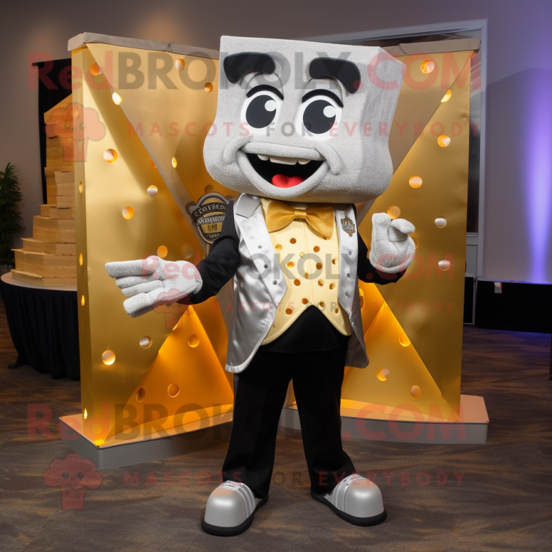 Silver Grilled Cheese Sandwich mascot costume character dressed with a Tuxedo and Wraps Silver Grilled Cheese Sandwich mascot costume character dressed with a Tuxedo and Wraps