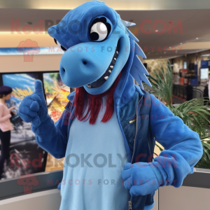 Sky Blue Deinonychus mascot costume character dressed with a Midi Dress and Beanies