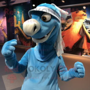 Sky Blue Deinonychus mascot costume character dressed with a Midi Dress and Beanies