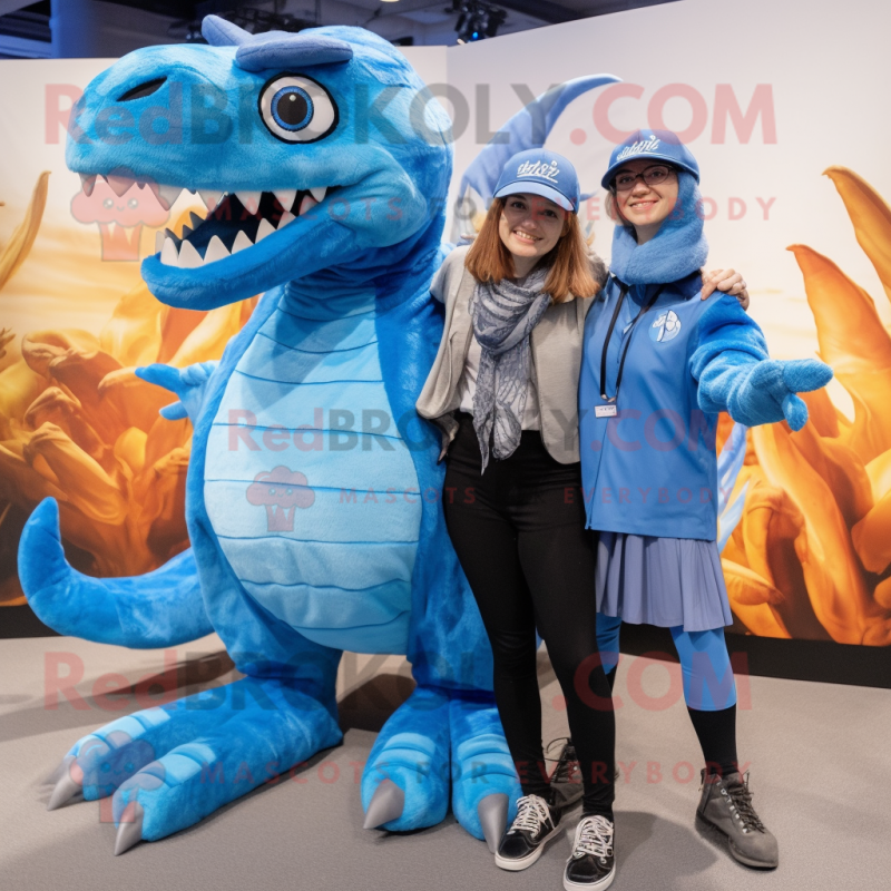 Sky Blue Deinonychus mascot costume character dressed with a Midi Dress and Beanies Sky Blue Deinonychus mascot costume character dressed with a Midi Dress and Beanies
