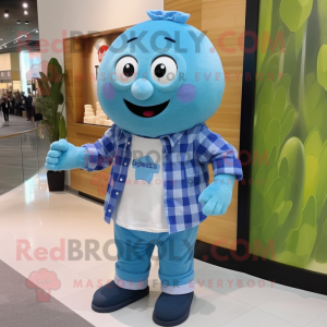 Blue Melon mascot costume character dressed with a Flannel Shirt and Bracelet watches