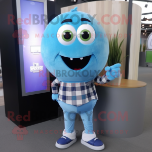 Blue Melon mascot costume character dressed with a Flannel Shirt and Bracelet watches