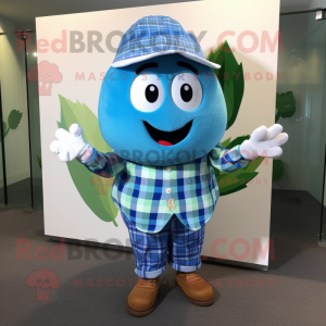 Blue Melon mascot costume character dressed with a Flannel Shirt and Bracelet watches