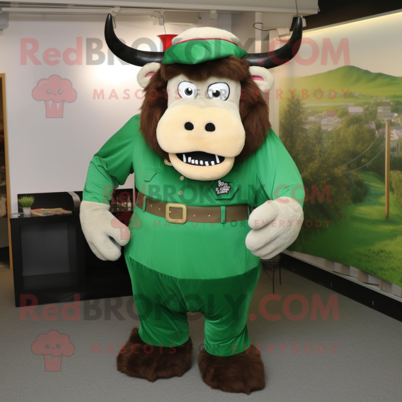 Green Bison mascot costume character dressed with a Maxi Skirt and Suspenders