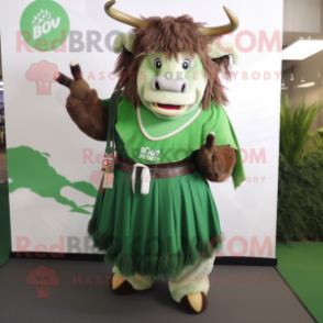 Green Bison mascot costume character dressed with a Maxi Skirt and Suspenders