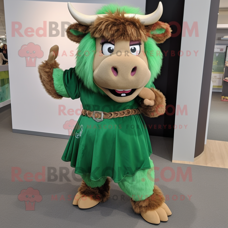 Green Bison mascot costume character dressed with a Maxi Skirt and Suspenders