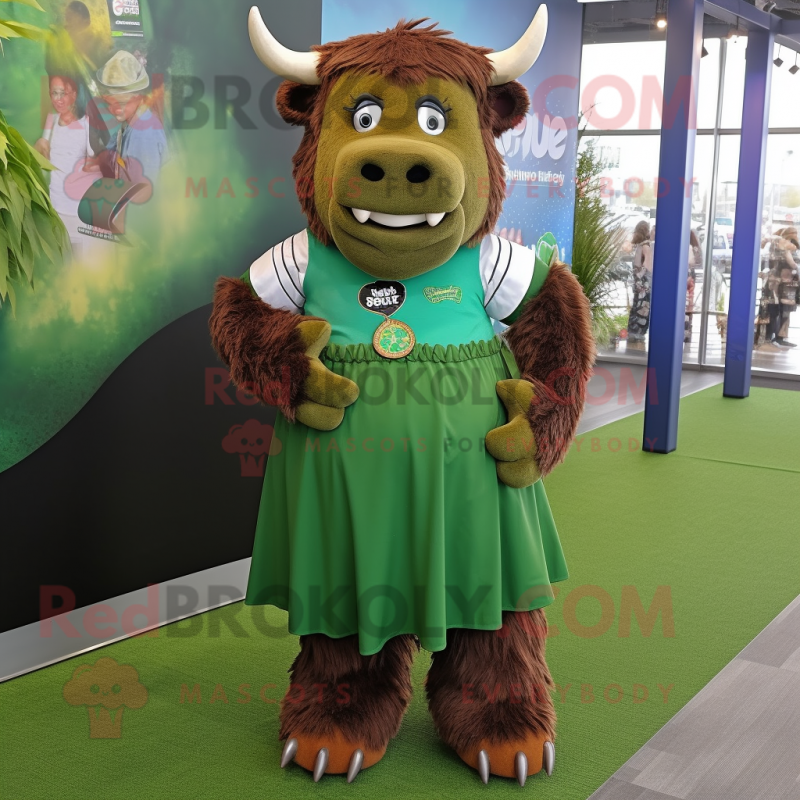 Green Bison mascot costume character dressed with a Maxi Skirt and Suspenders