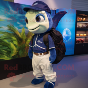 Navy Betta Fish mascot costume character dressed with a Polo Shirt and Backpacks