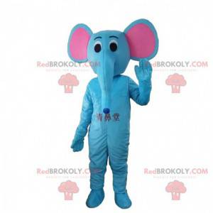 Blå elefant kostume med lyserøde ører, kæmpe elefant -