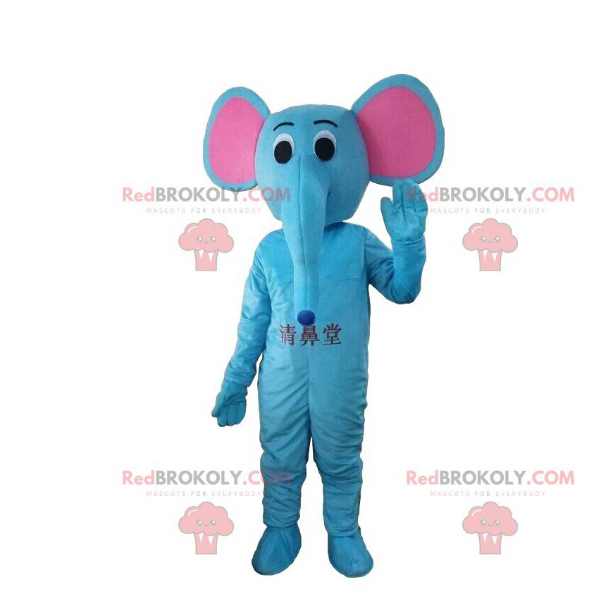 Blauw olifantenkostuum met roze oren, gigantische olifant -