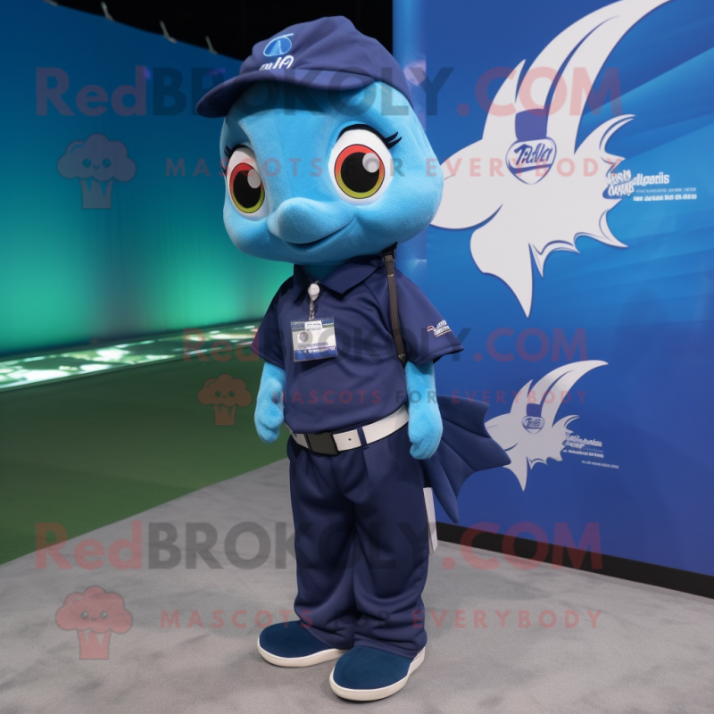 Navy Betta Fish mascot costume character dressed with a Polo Shirt and Backpacks