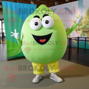 Lime Green Melon mascot costume character dressed with a Button-Up Shirt and Shoe laces