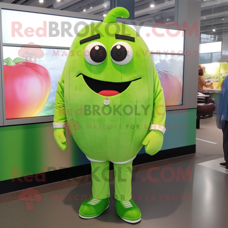 Lime Green Melon mascot costume character dressed with a Button-Up Shirt and Shoe laces