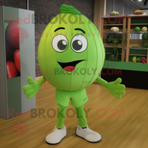 Lime Green Melon mascot costume character dressed with a Button-Up Shirt and Shoe laces