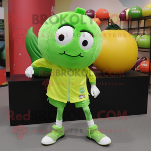 Lime Green Melon mascot costume character dressed with a Button-Up Shirt and Shoe laces