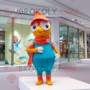 Peach Woodpecker mascot costume character dressed with a One-Piece Swimsuit and Scarves