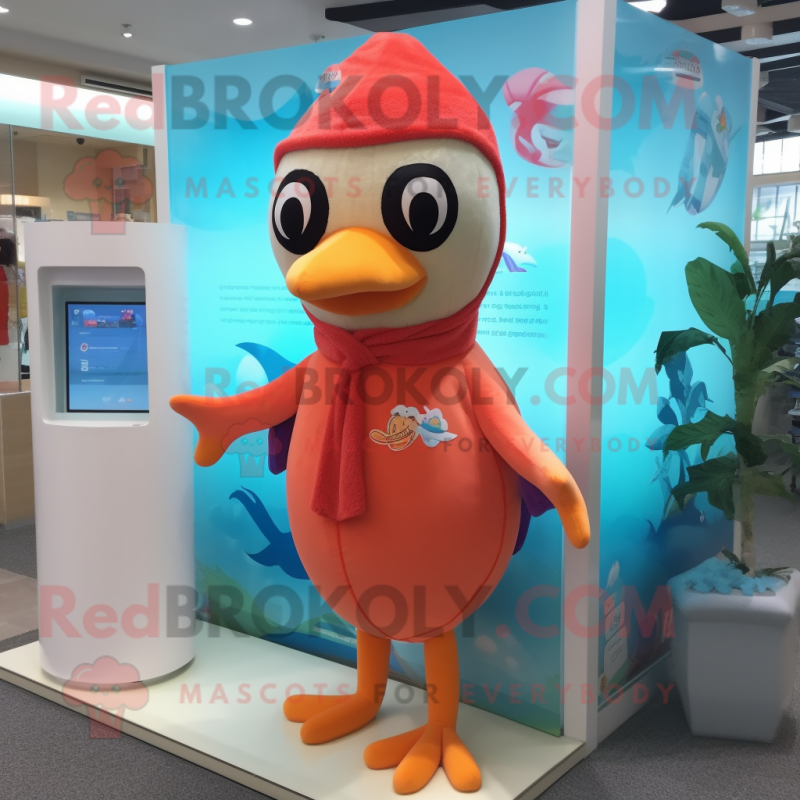 Peach Woodpecker mascot costume character dressed with a One-Piece Swimsuit and Scarves