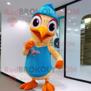 Peach Woodpecker mascot costume character dressed with a One-Piece Swimsuit and Scarves