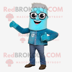Turquoise Ice mascot costume character dressed with a Bootcut Jeans and Eyeglasses