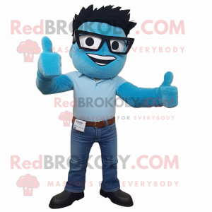 Turquoise Ice mascot costume character dressed with a Bootcut Jeans and Eyeglasses